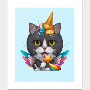 Black & White Cat Ice Cream Unicorn Posters and Art